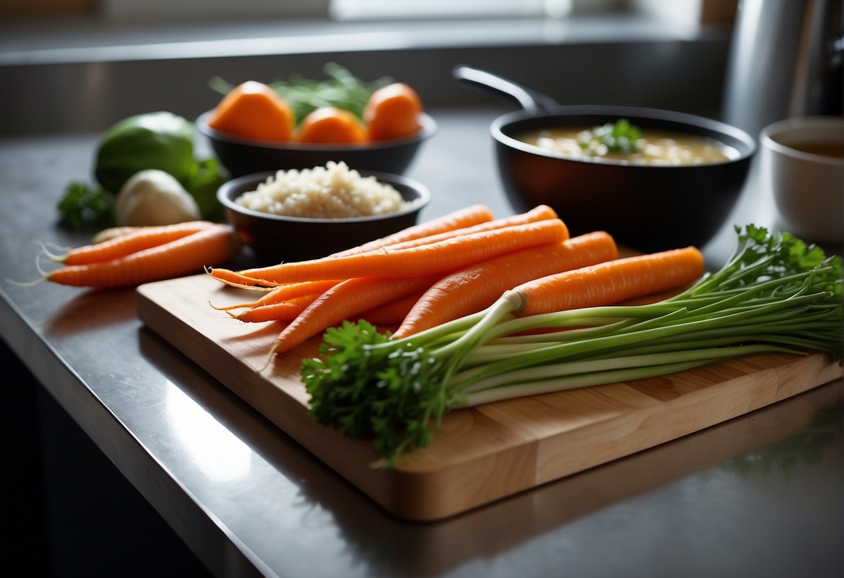 A chopping board with sliced burdock, carrots, and ginger. A pot of simmering broth on the stove. A bowl of tofu and green onions on the counter
