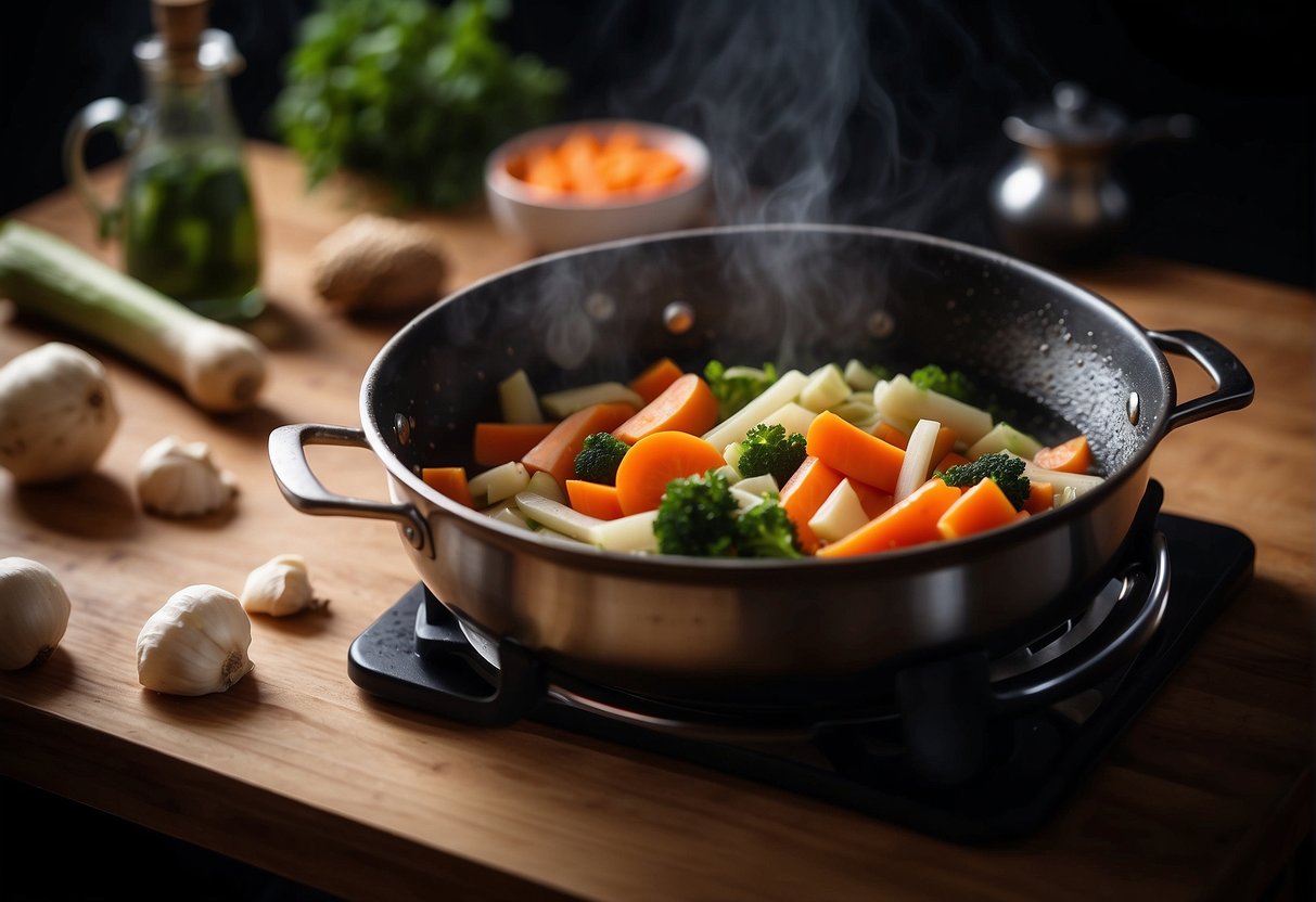 A pot simmering on a stove with Chinese burdock, carrots, and other ingredients. Chopped vegetables and spices laid out on a cutting board