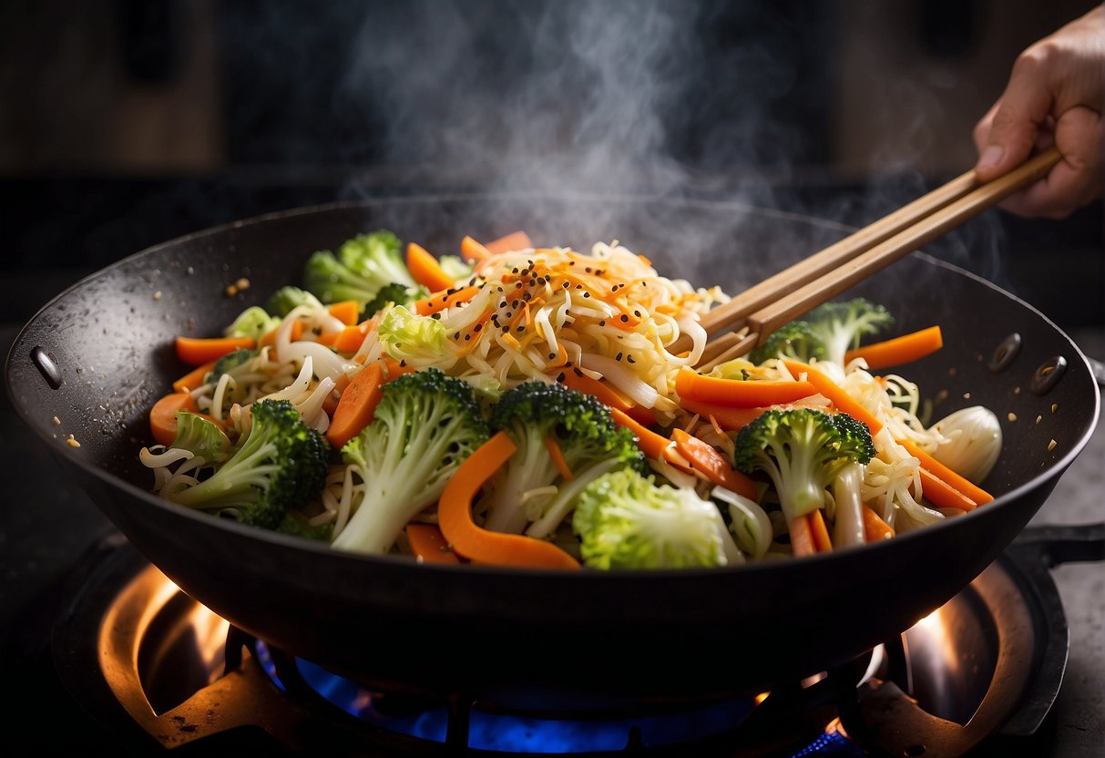 A sizzling wok filled with stir-fried cabbage, carrots, and onions, emitting aromatic Chinese spices. A chef's hand sprinkles soy sauce over the sizzling vegetables
