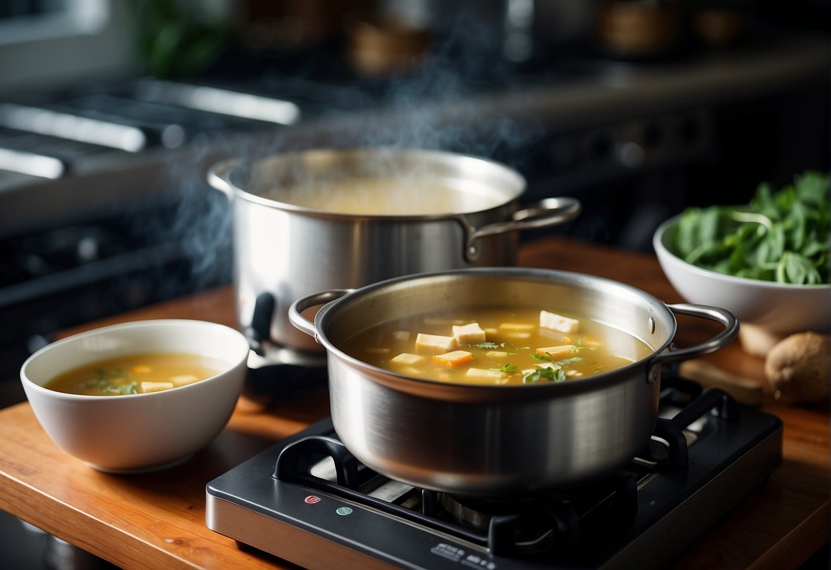 A pot simmers on a stovetop, filled with Chinese burdock soup. Steam rises as ingredients like burdock, mushrooms, and tofu float in the savory broth
