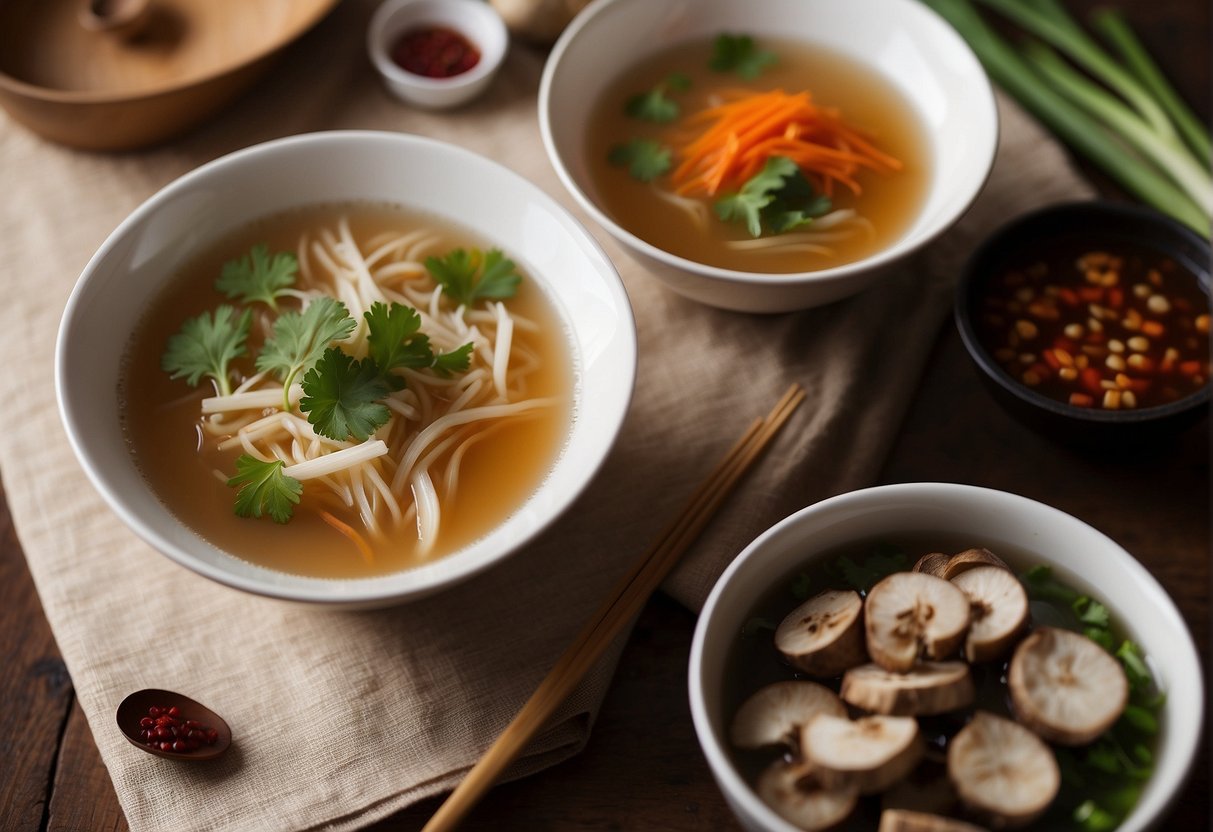 A steaming bowl of Chinese burdock soup sits on a wooden table, surrounded by fresh ingredients like burdock root, carrots, and mushrooms. A pair of chopsticks and a small bowl of chili oil are placed next to the soup, ready for