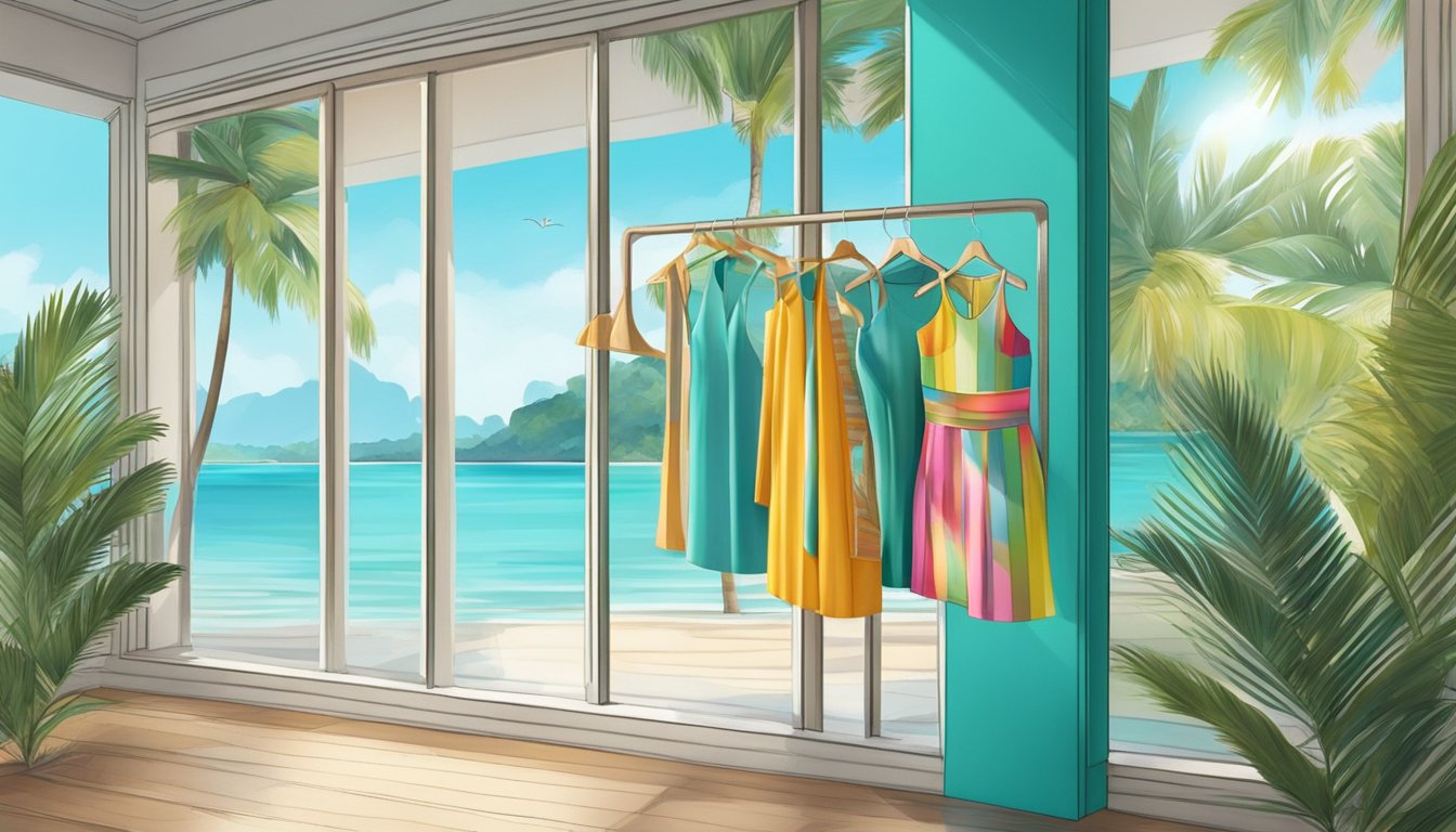 A sunny beach with turquoise water, palm trees, and a colorful swimsuit displayed in a boutique window in Singapore