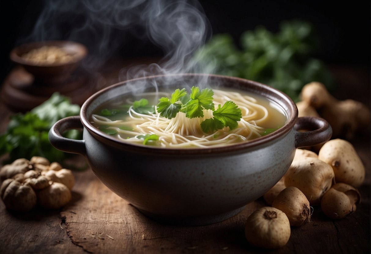 A steaming pot of Chinese burdock soup surrounded by fresh burdock roots, ginger, and aromatic herbs