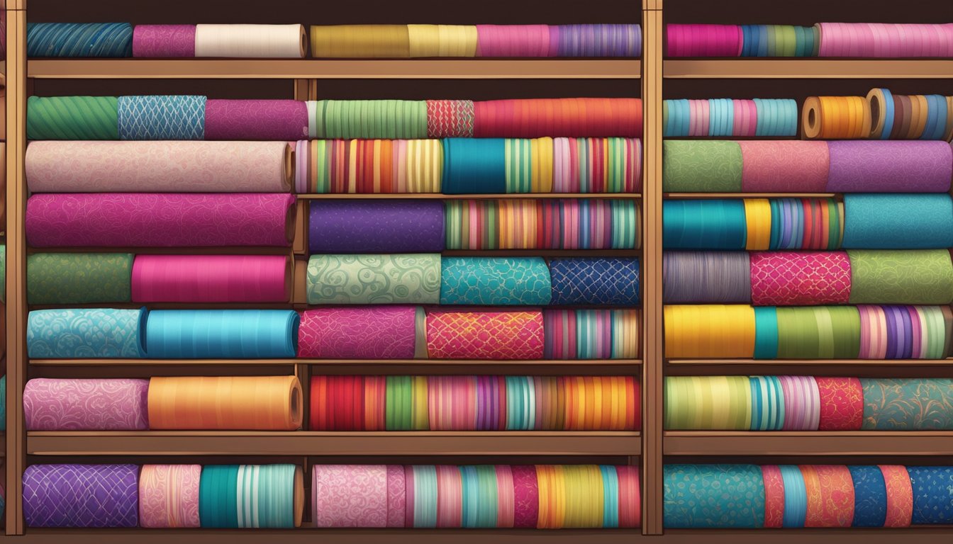 A colorful array of cotton fabric rolls displayed on shelves, with vibrant patterns and textures, beckoning customers to explore and discover the world of cotton fabric online