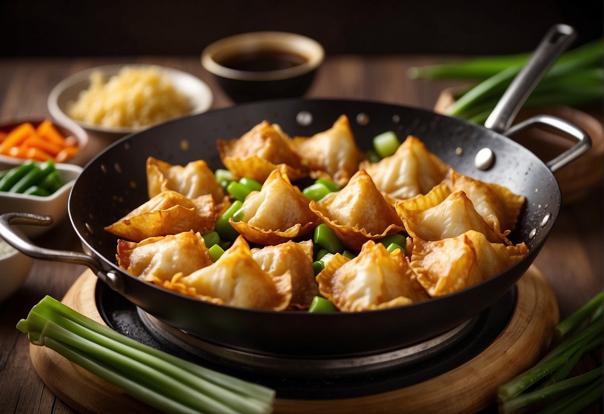 Golden fried chicken wontons sizzle in a wok, surrounded by traditional Chinese ingredients like soy sauce, ginger, and green onions