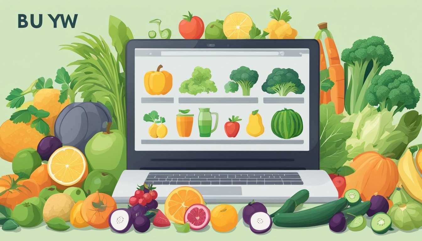 A laptop with a juicer on the screen, surrounded by various fruits and vegetables, a "buy now" button below