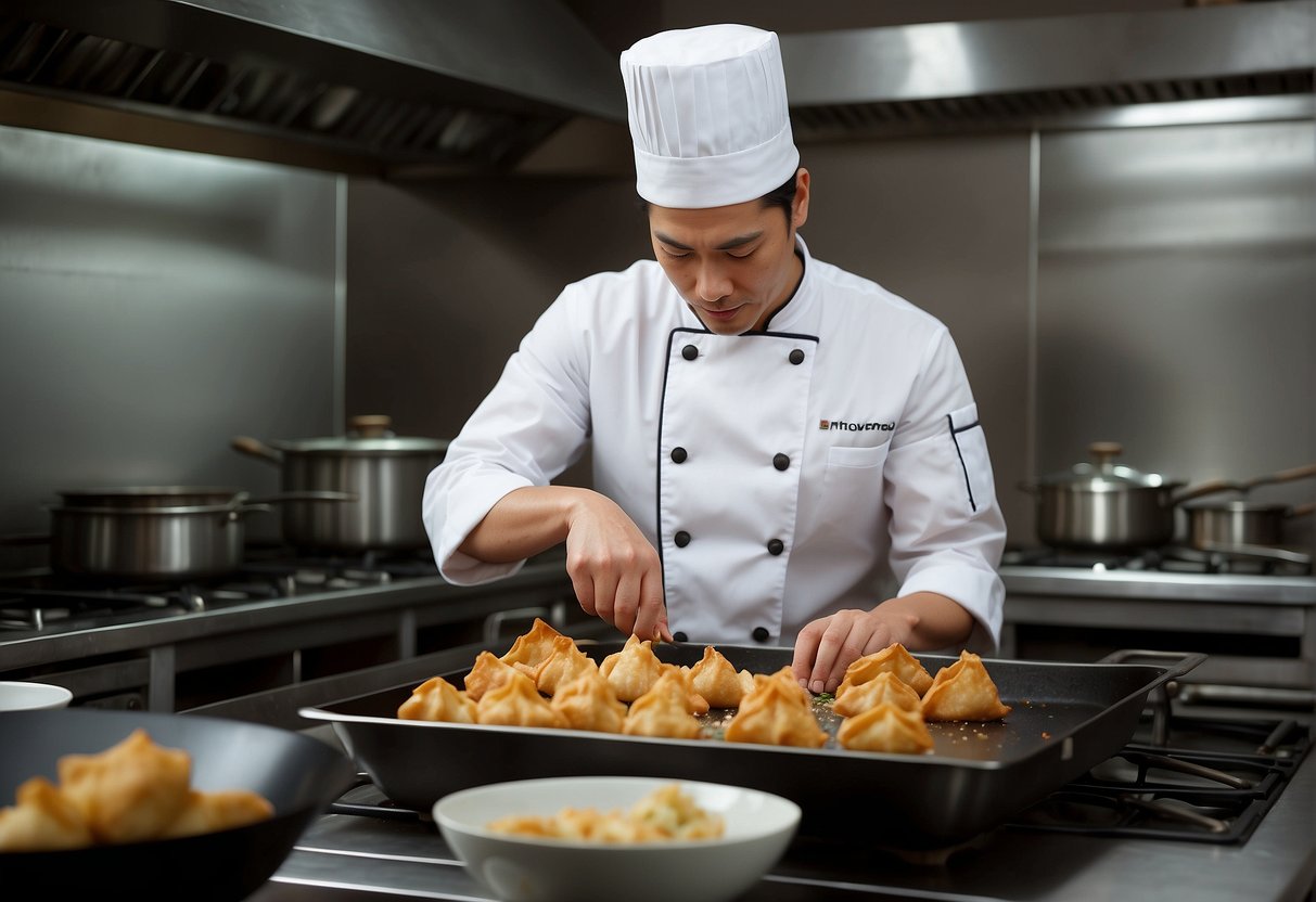 A chef prepares crispy fried wontons filled with savory chicken, following a traditional Chinese recipe. The kitchen is filled with the aroma of fragrant spices and sizzling oil