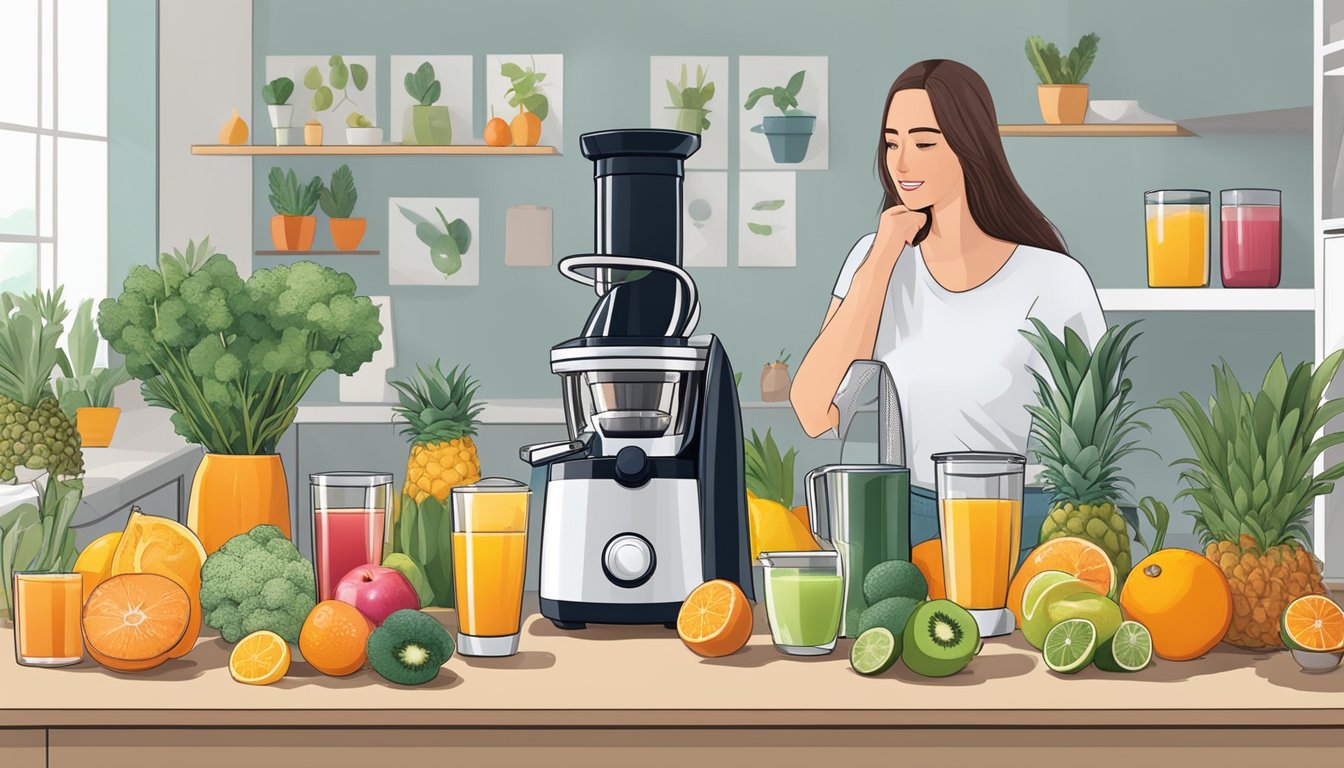 A person comparing different juicers online, surrounded by various models and options