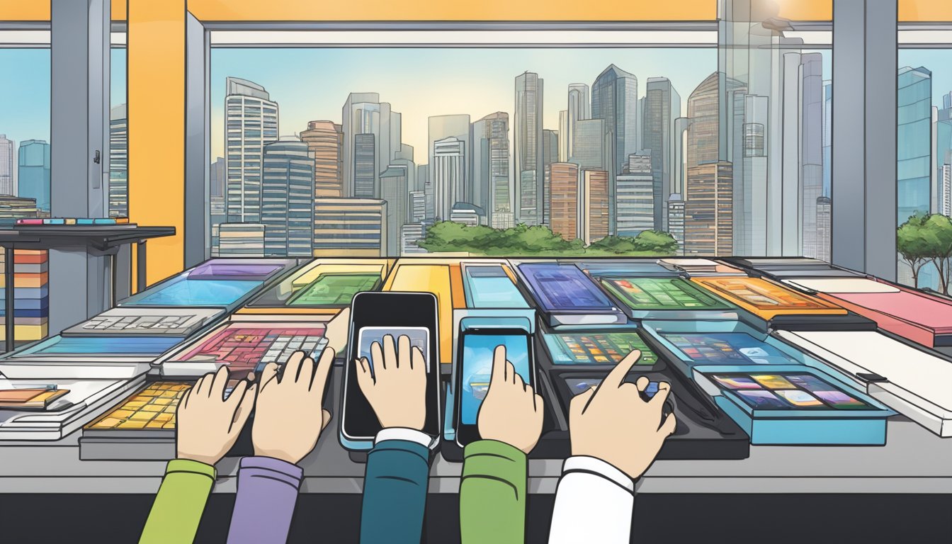 A hand reaches out to pick up the sleek iPhone 5 from a display table in a bustling Singapore electronics store. The city's skyline is visible through the window, adding to the modern and vibrant atmosphere