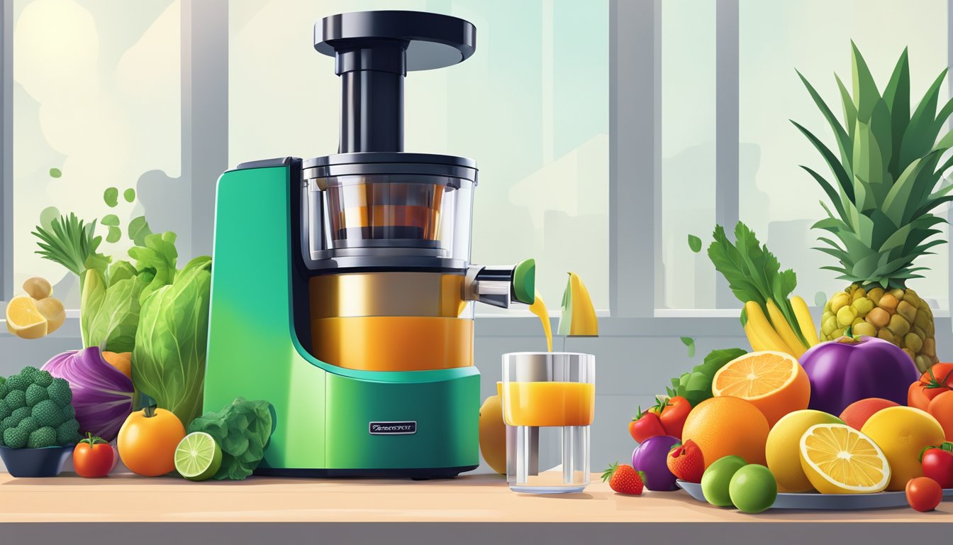 Fresh fruits and vegetables being fed into a sleek, modern juicer. Vibrant colors and a clean, organized workspace