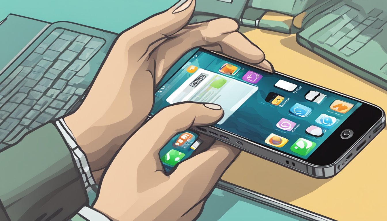 A hand reaching for an iPhone 5 with a "Frequently Asked Questions" sign in the background