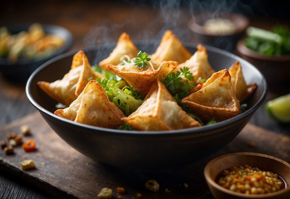 A sizzling wok fries crispy wontons filled with succulent, seasoned chicken. Aromatic Chinese spices fill the air