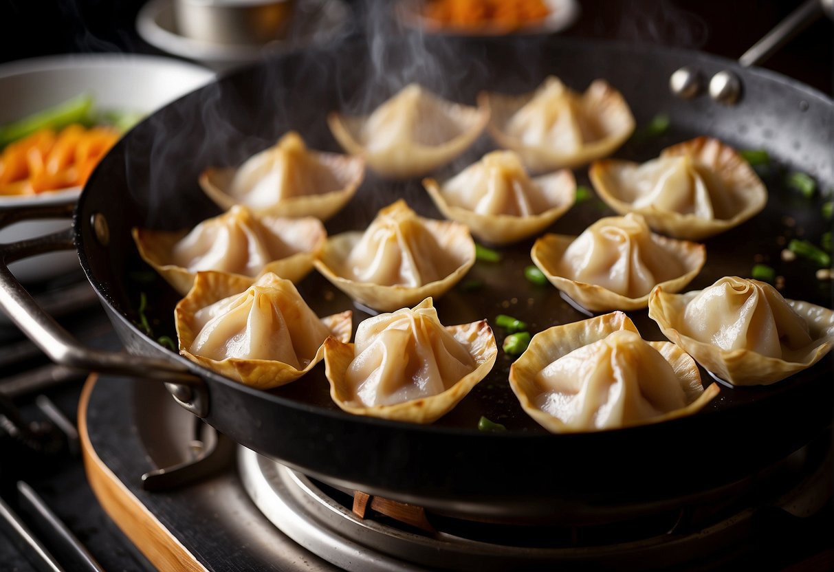 Chicken wontons sizzle in hot oil, turning golden brown. Steam rises as they cook in a wok, surrounded by traditional Chinese cooking utensils