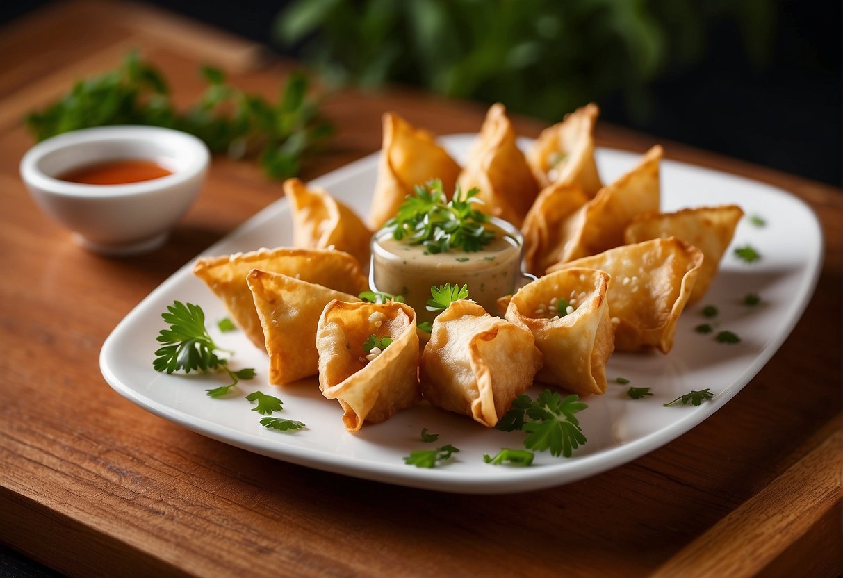 Golden fried chicken wontons arranged on a decorative platter with dipping sauce and garnished with fresh herbs