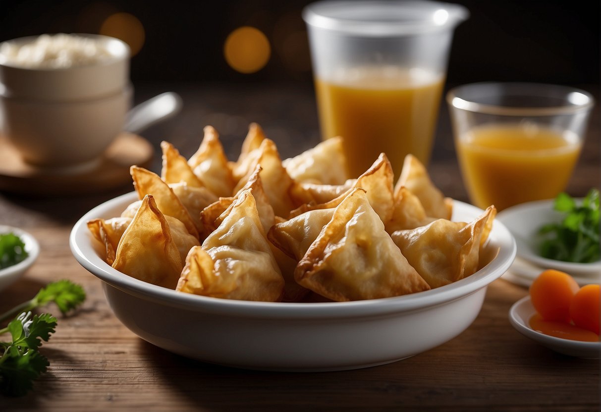 Fried chicken wontons stored in airtight container. Microwave for 1-2 minutes until heated through. Serve with dipping sauce