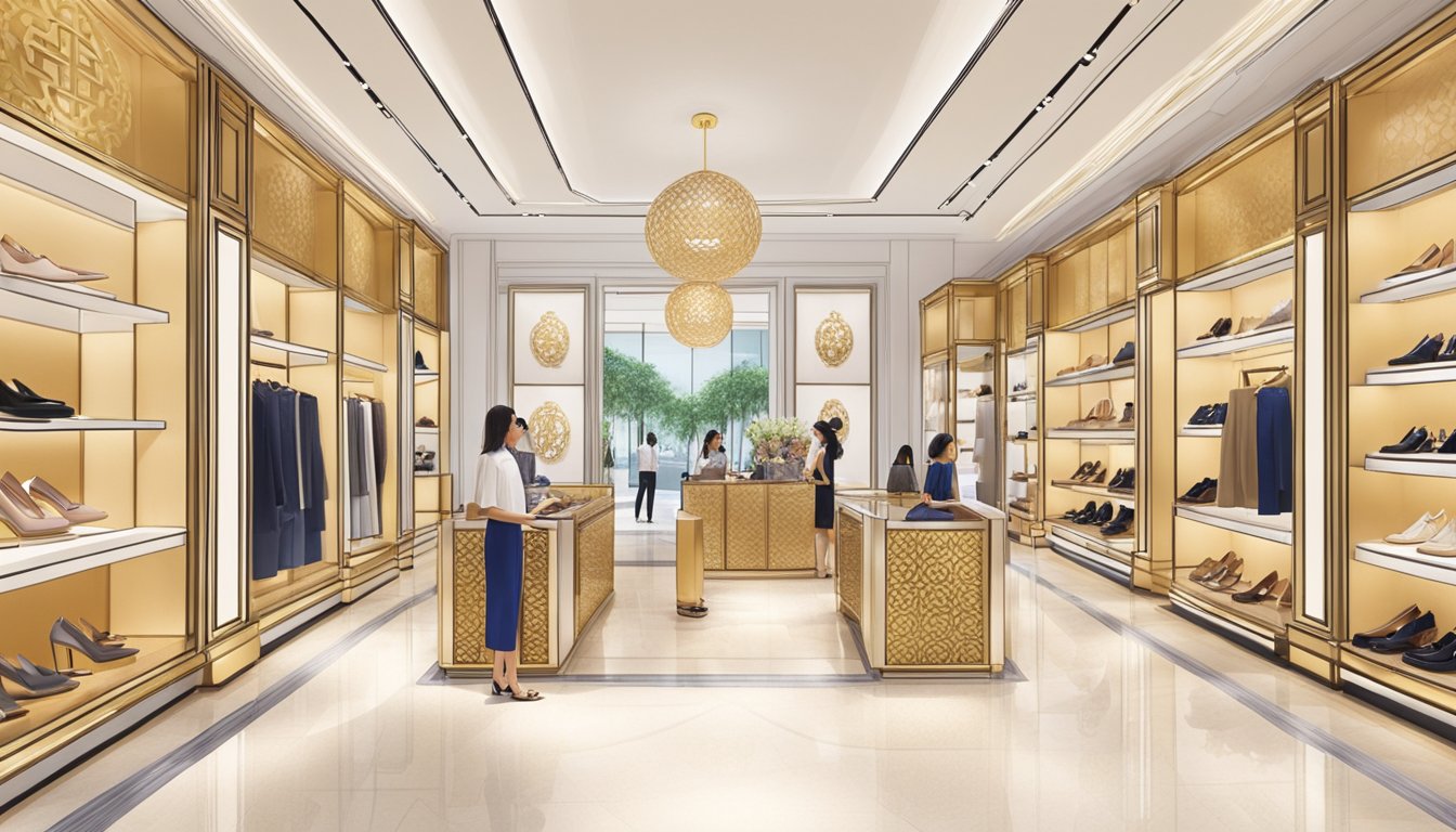 A woman purchases Tory Burch shoes at a high-end store in Singapore. The store's elegant interior and the luxurious display of shoes create a sophisticated atmosphere
