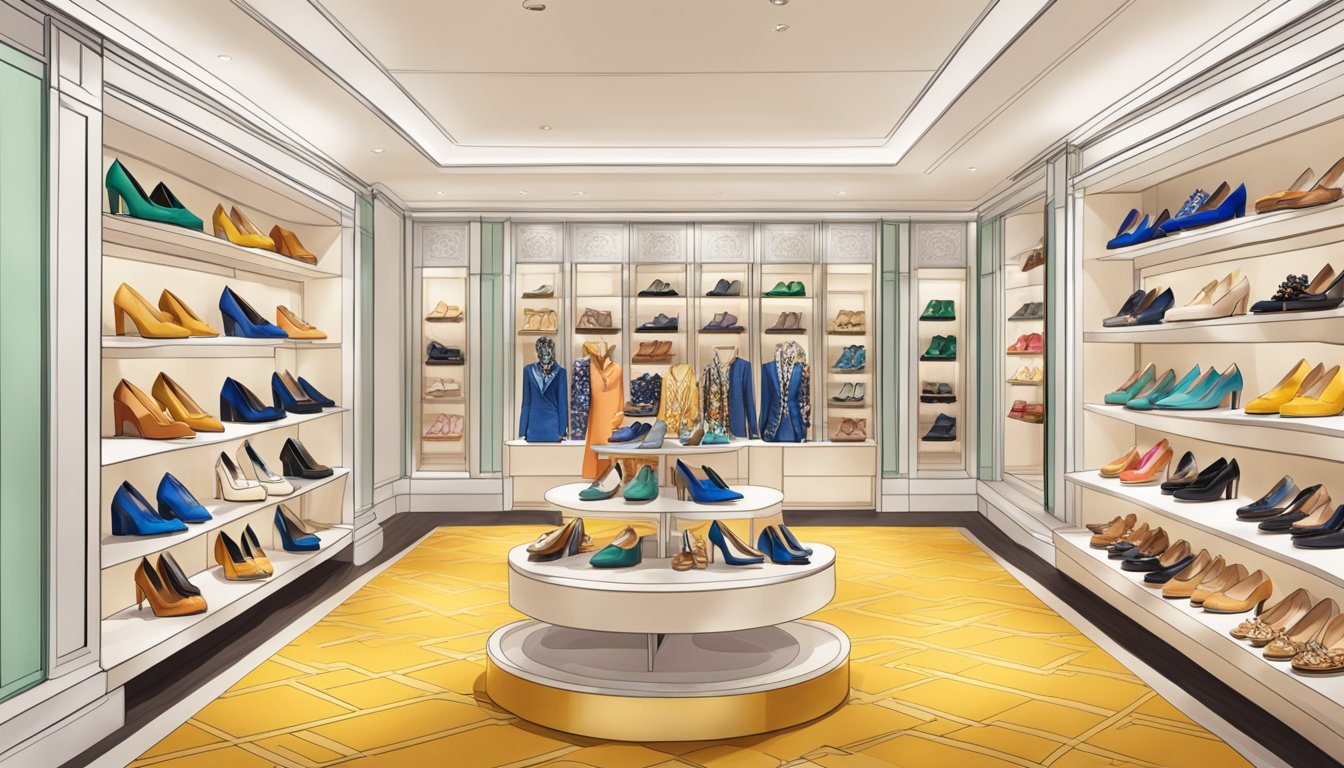 A vibrant display of Tory Burch shoes in a stylish Singapore boutique, showcasing the range of options for fashion-forward individuals