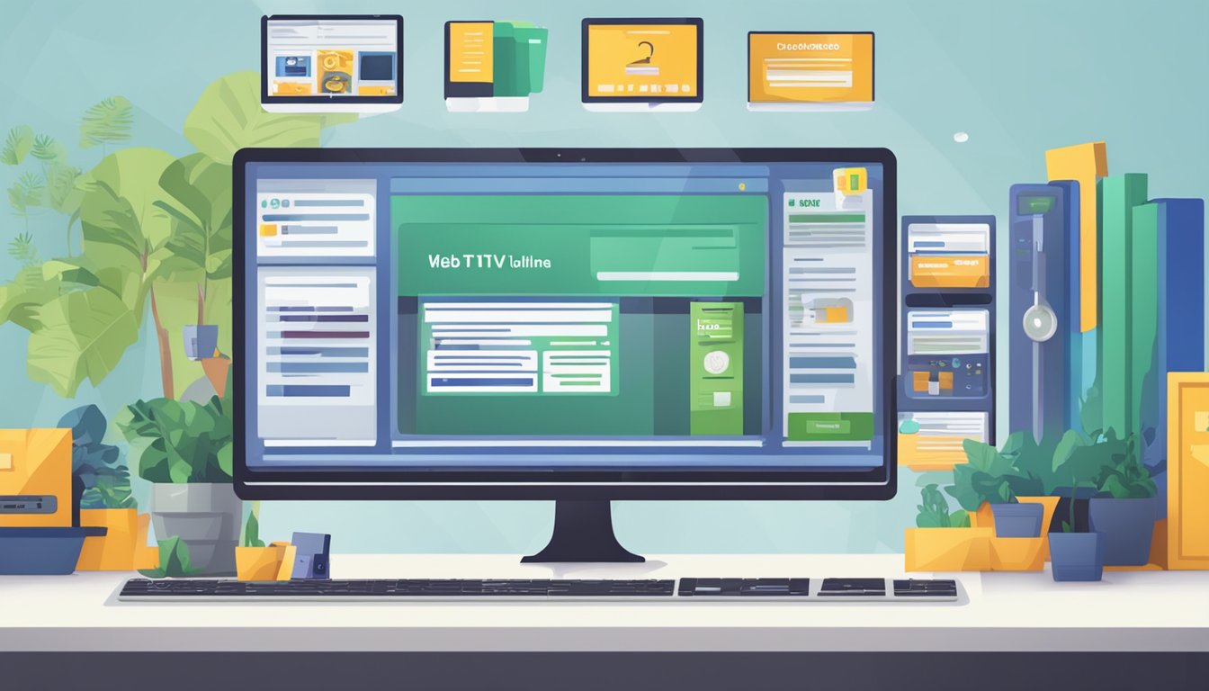 A computer screen displaying a website with the words "buy tv online sri lanka" in large font, surrounded by images of televisions and a secure checkout button