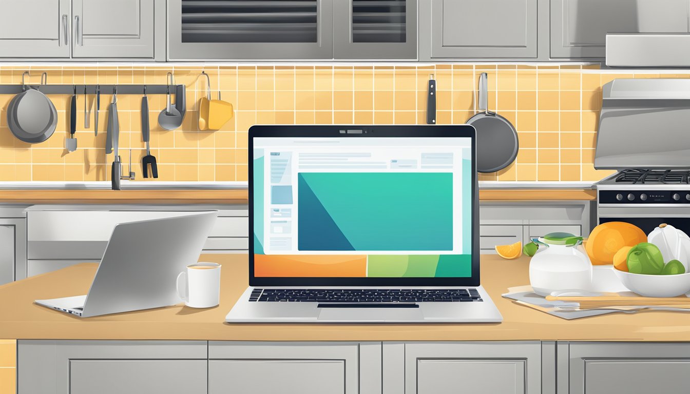 A laptop on a kitchen counter, with a website open to buy kitchen appliances online