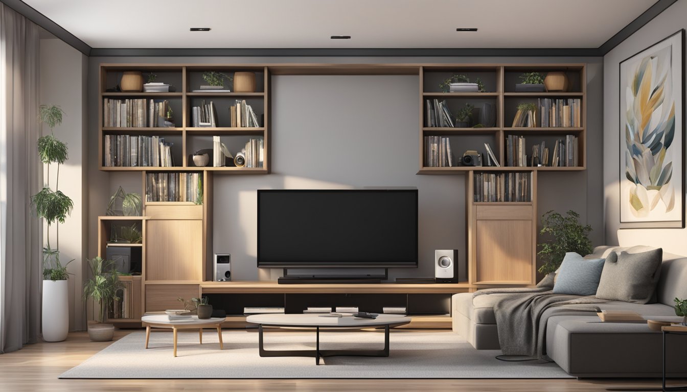 A family room with a cozy couch and a sleek, modern TV stand. The TV is mounted on the wall, surrounded by shelves of DVDs and a sound system