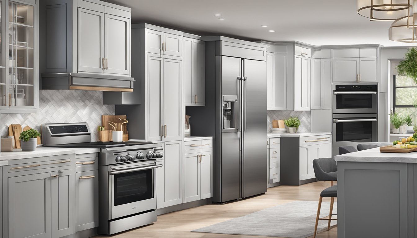 A kitchen with modern appliances, including a sleek refrigerator, a stainless steel oven, and a stylish dishwasher, all available for purchase online