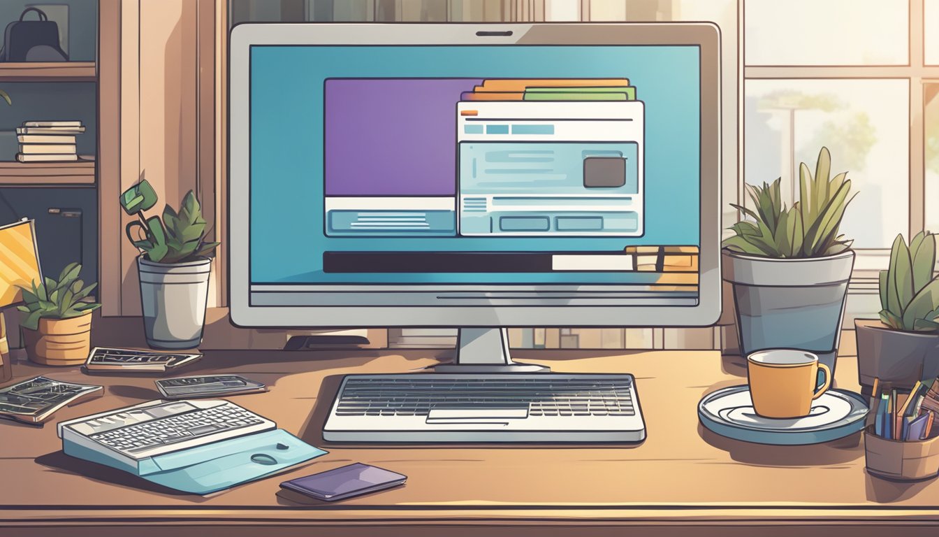 A laptop on a table with a TV displayed on the screen, surrounded by various online shopping websites and a credit card