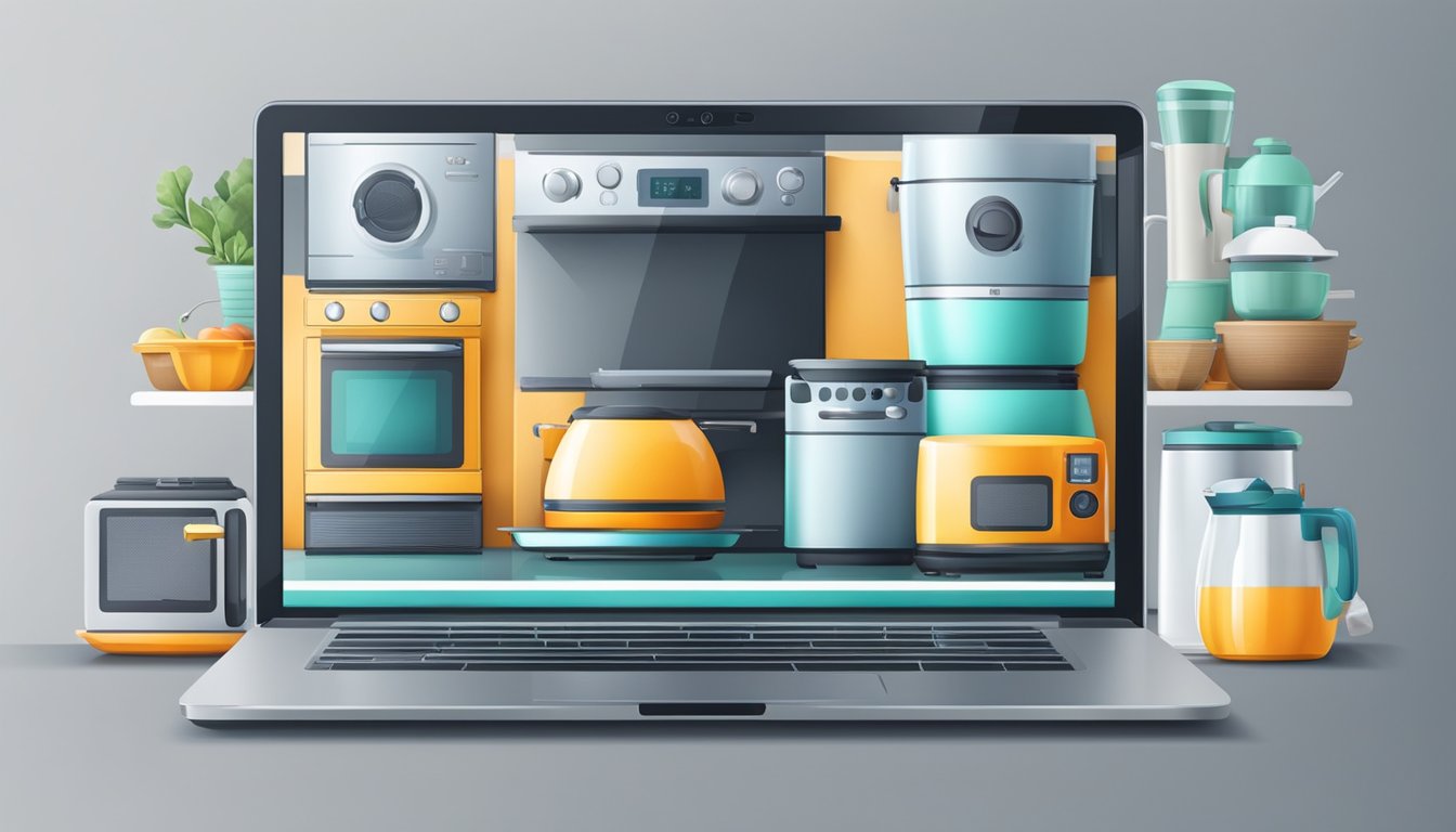 A laptop displaying a variety of kitchen appliances. A seamless online shopping experience with easy navigation and secure payment options