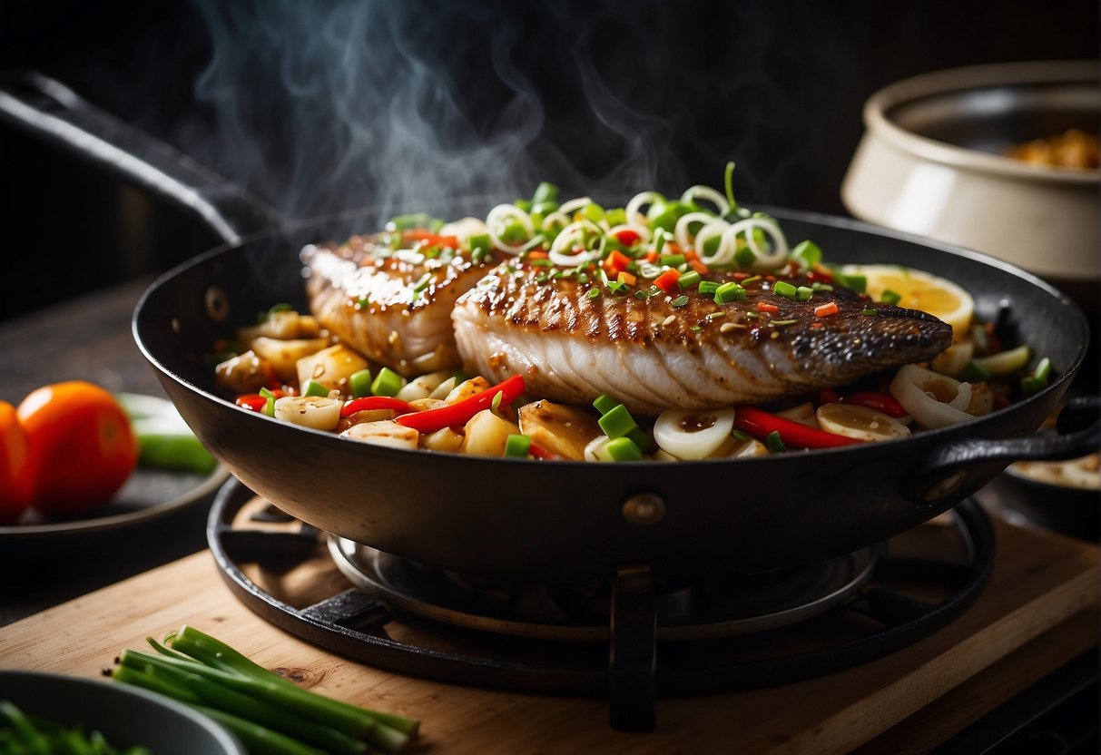 A whole fish sizzling in a wok with ginger, garlic, and soy sauce. Steam rises as the fish turns golden brown. Garnished with green onions and red chili slices