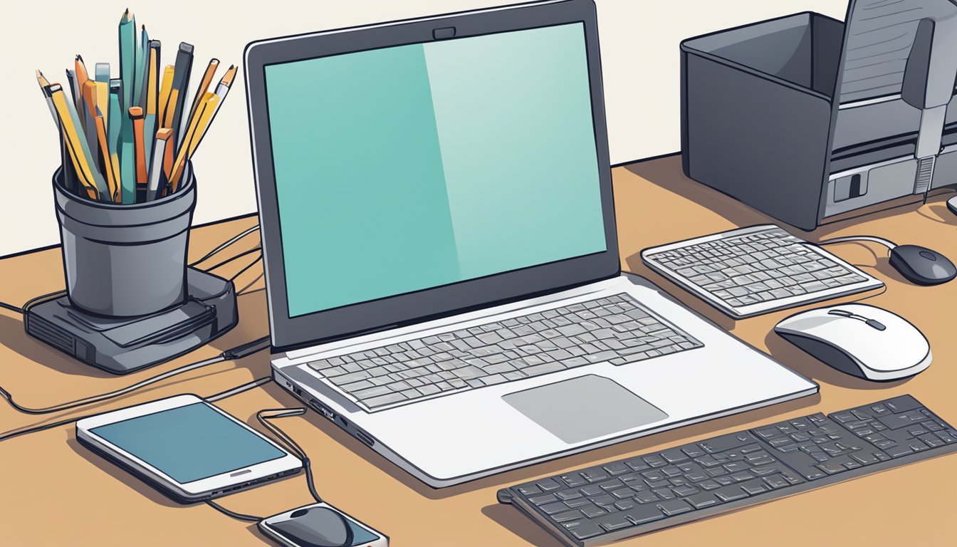 A laptop sitting on a desk with a computer mouse and keyboard nearby, surrounded by various electronic devices and cables