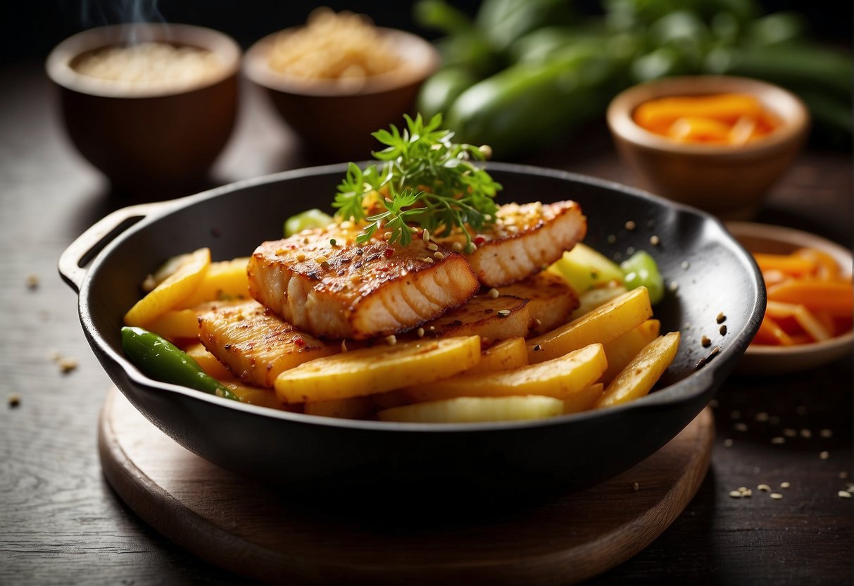 A sizzling wok fries up a golden, crispy fish fillet in a fragrant Chinese seasoning, with a medley of colorful vegetables and aromatic spices nearby