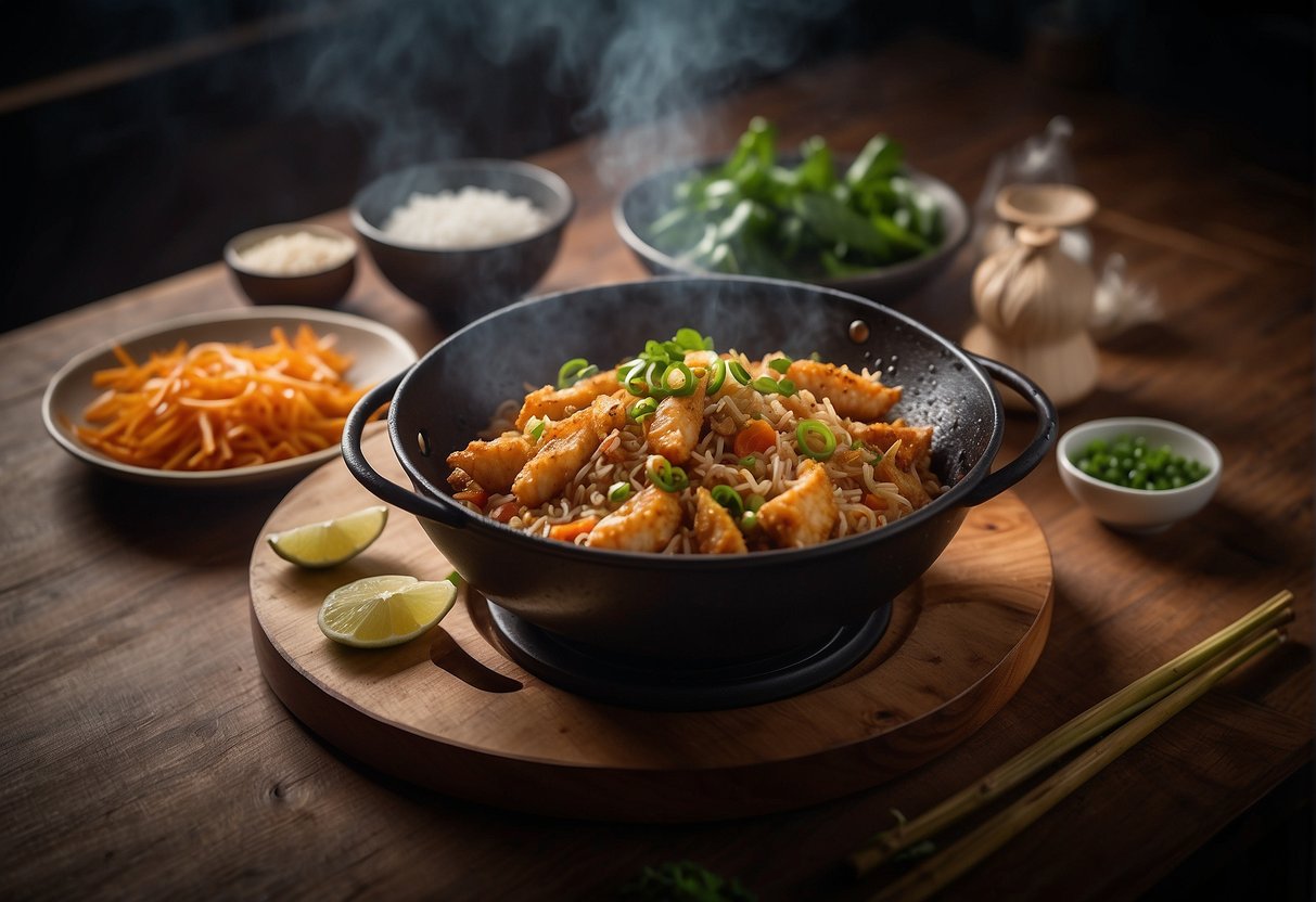 A wok sizzles with crispy fried fish, surrounded by ginger, garlic, and scallions. Soy sauce and rice wine add depth to the dish