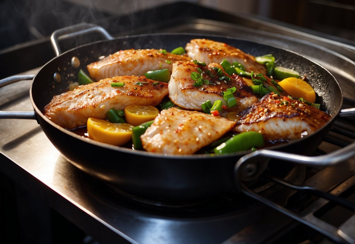 A wok sizzles with hot oil as a whole fish is carefully dipped in a seasoned batter, ready to be fried to crispy perfection