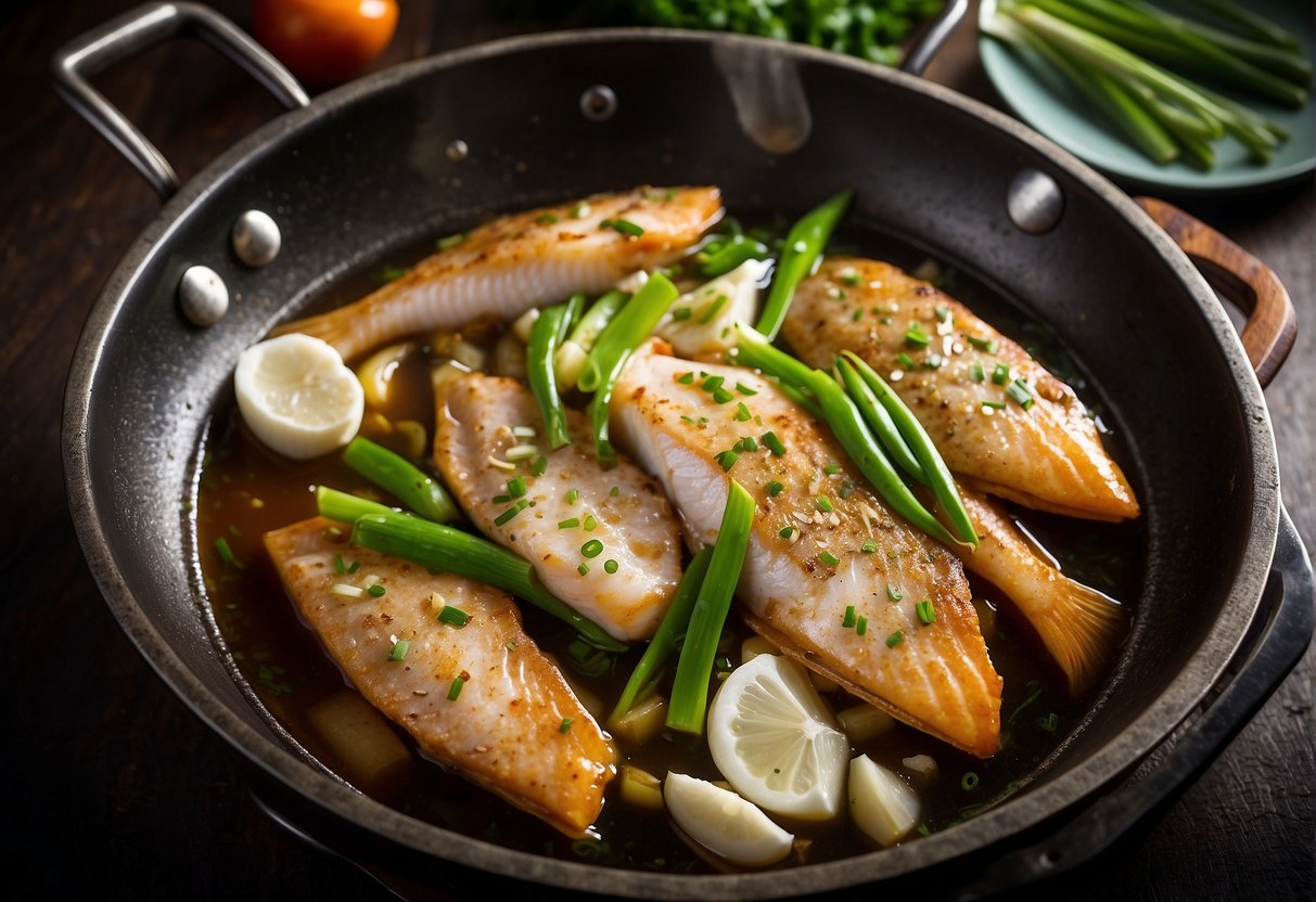 Fish sizzling in a wok with hot oil, surrounded by garlic, ginger, and scallions. Aromatic steam rises as the fish turns golden brown