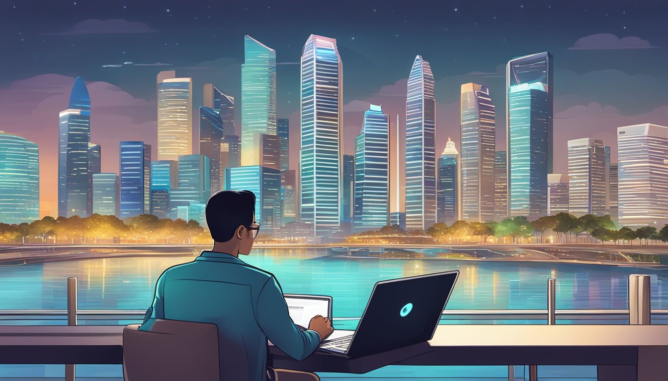 A person in Singapore using a laptop to buy cryptocurrency online, with a city skyline in the background