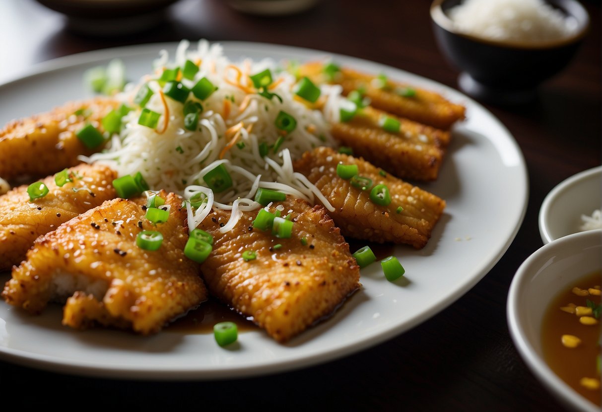 A platter of golden fried fish garnished with green onions and served with a side of soy sauce and steamed rice