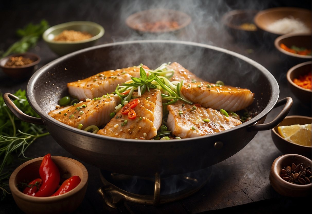 A sizzling wok with golden-brown fish fillets, surrounded by vibrant Chinese spices and herbs. Steam rises as the fish is fried to perfection