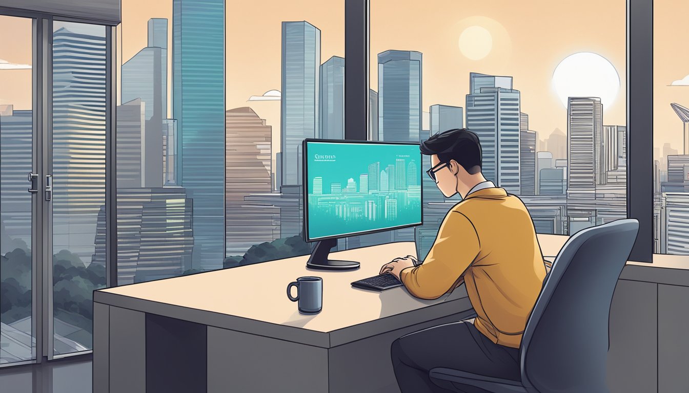 A person in Singapore buying cryptocurrency using a computer or smartphone at a desk with a city skyline in the background