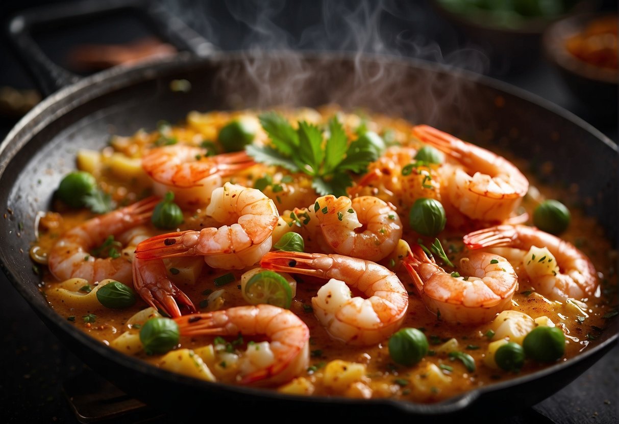 A sizzling wok of prawns in a rich, creamy sauce, infused with aromatic spices and topped with a generous sprinkle of crispy golden butter