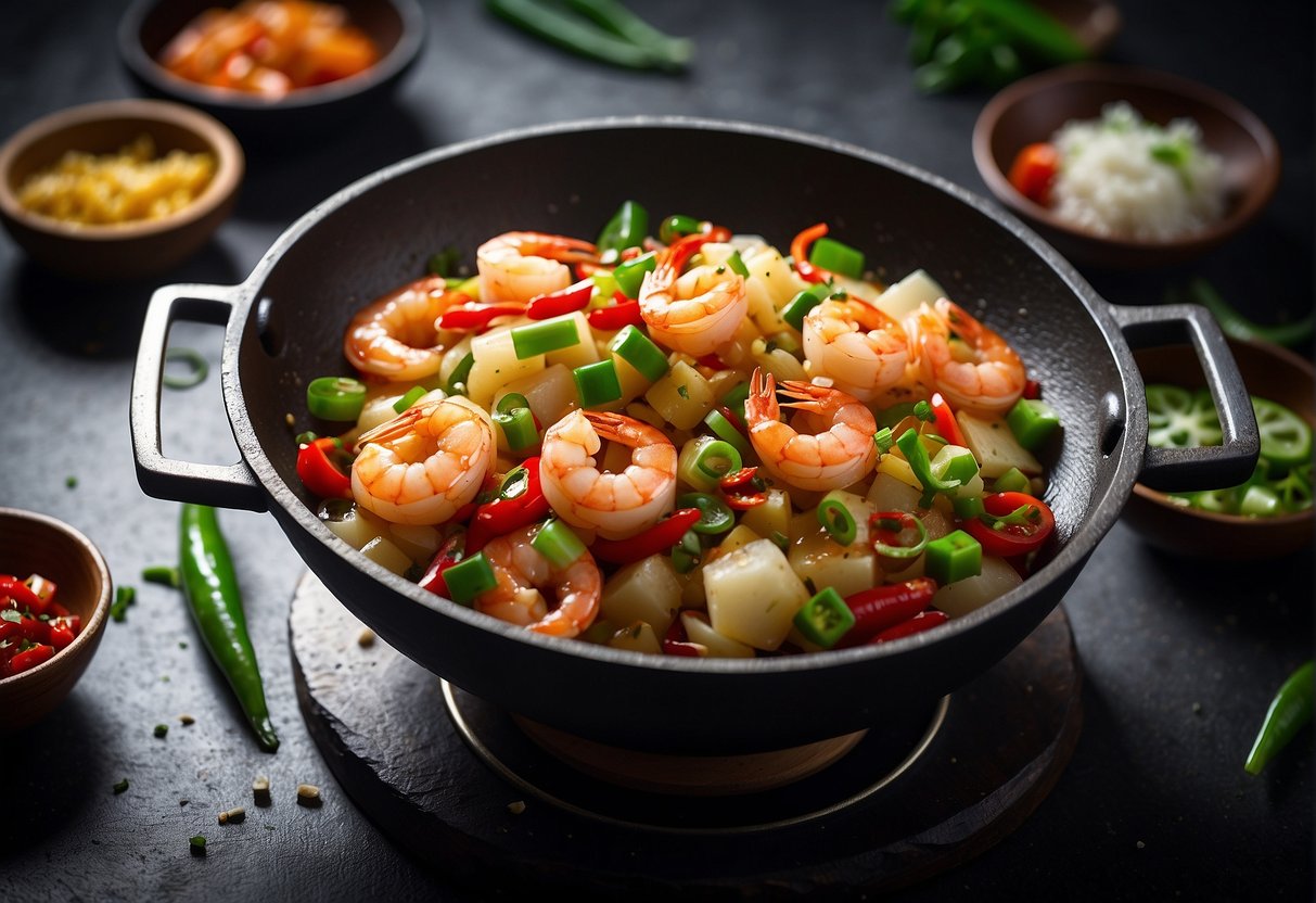 A sizzling wok with sizzling butter, garlic, and prawns, garnished with chopped spring onions and red chili peppers