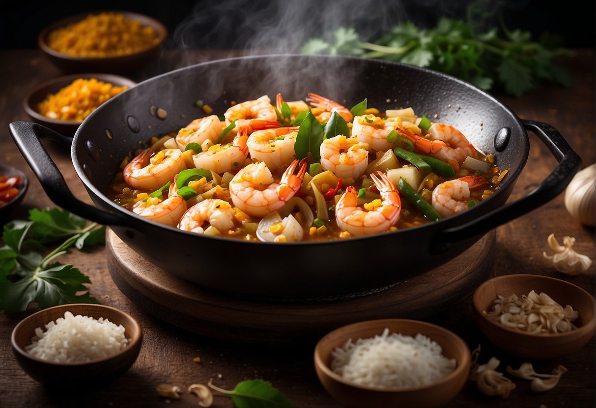 A wok sizzles with prawns, garlic, and ginger in bubbling butter sauce, surrounded by diced onions, chili, and curry leaves