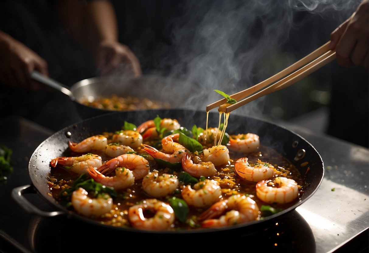 A wok sizzles with hot oil as prawns are tossed in. Butter, garlic, and curry leaves are added, creating a fragrant aroma. Soy sauce and sugar are sprinkled in, caramelizing the prawns to a golden brown