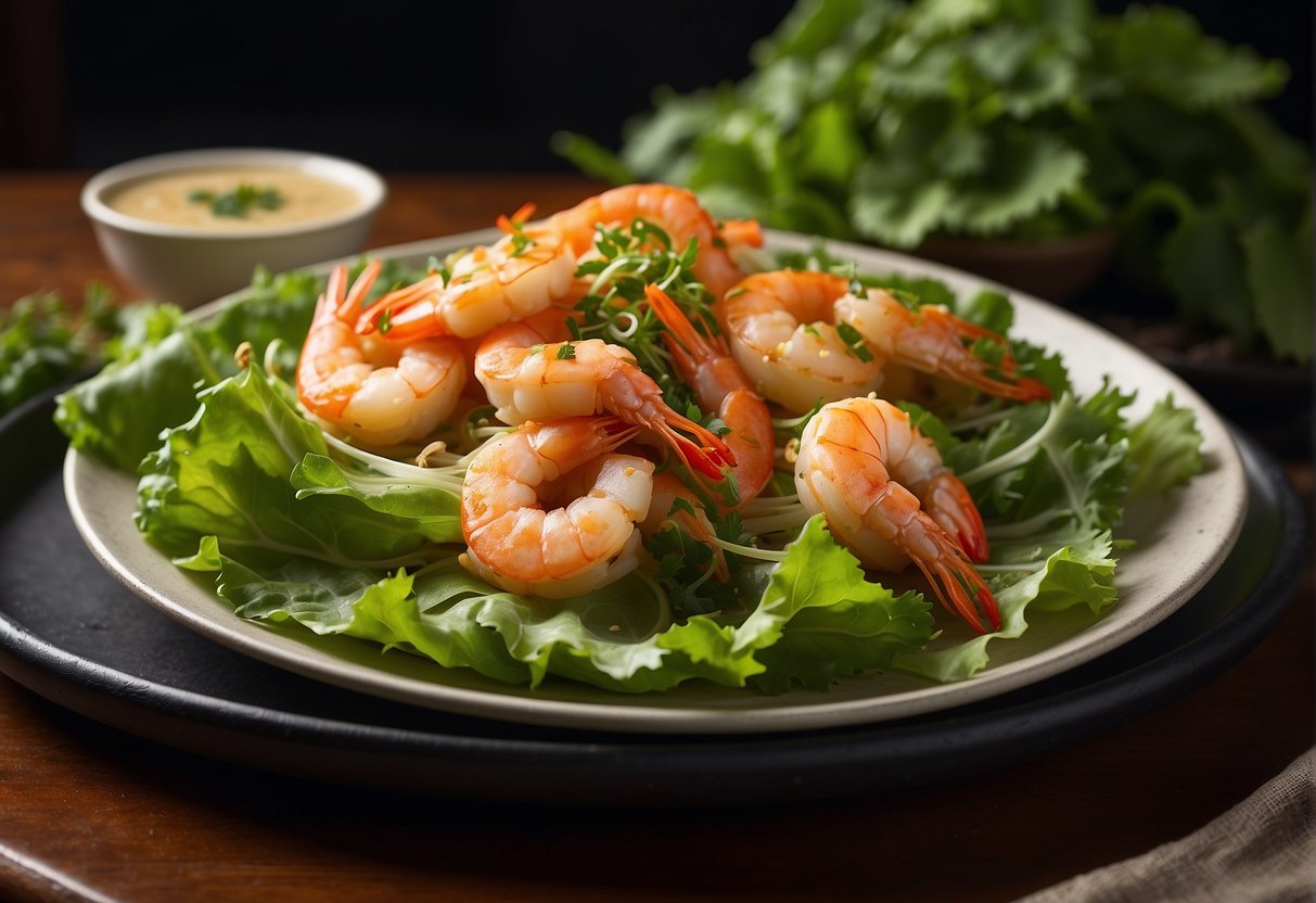 A sizzling hot plate of Chinese butter prawns, garnished with fresh herbs, served on a bed of crispy lettuce, with a side of tangy dipping sauce