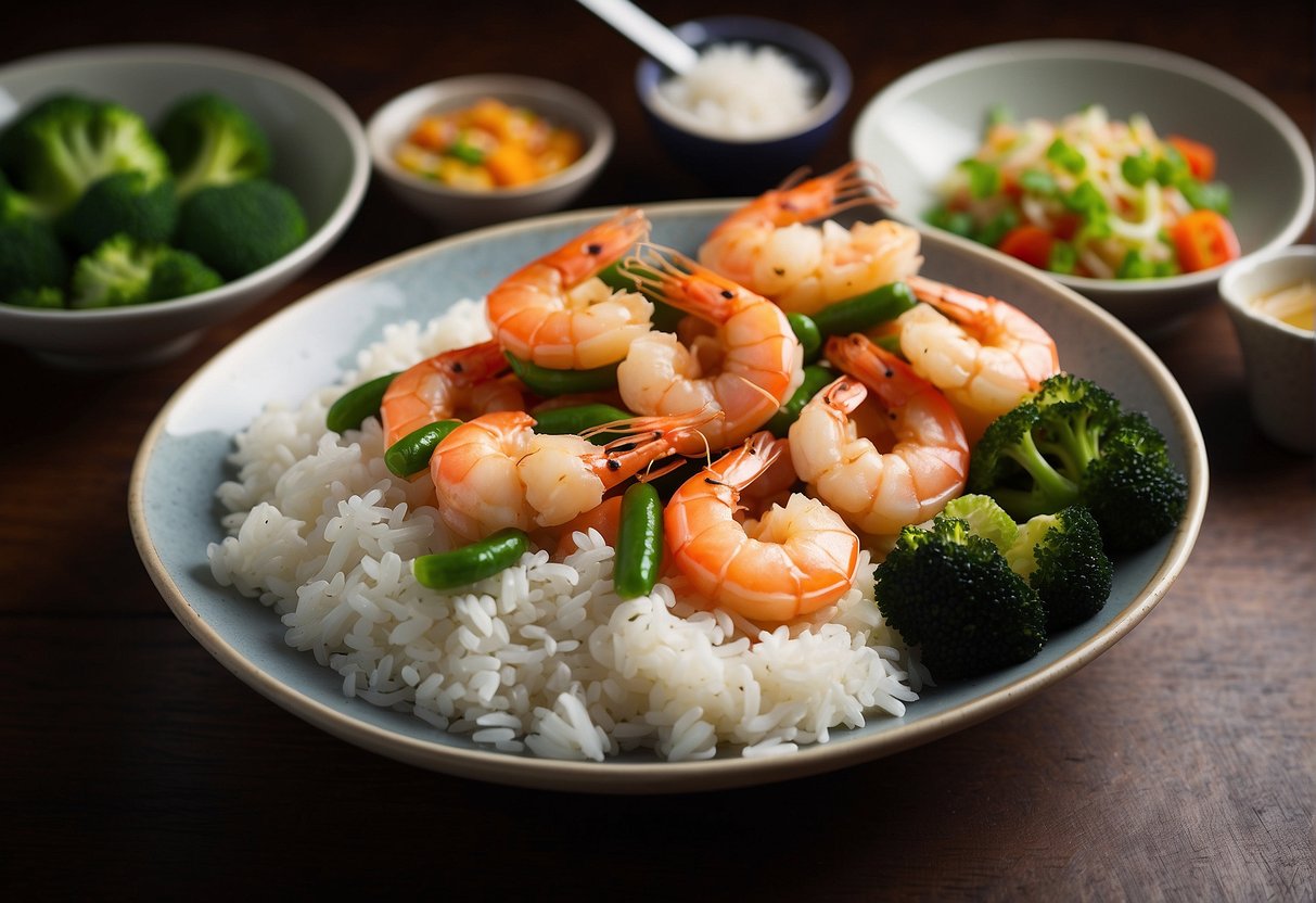 A plate of chinese butter prawns with a side of steamed vegetables, accompanied by a small bowl of white rice