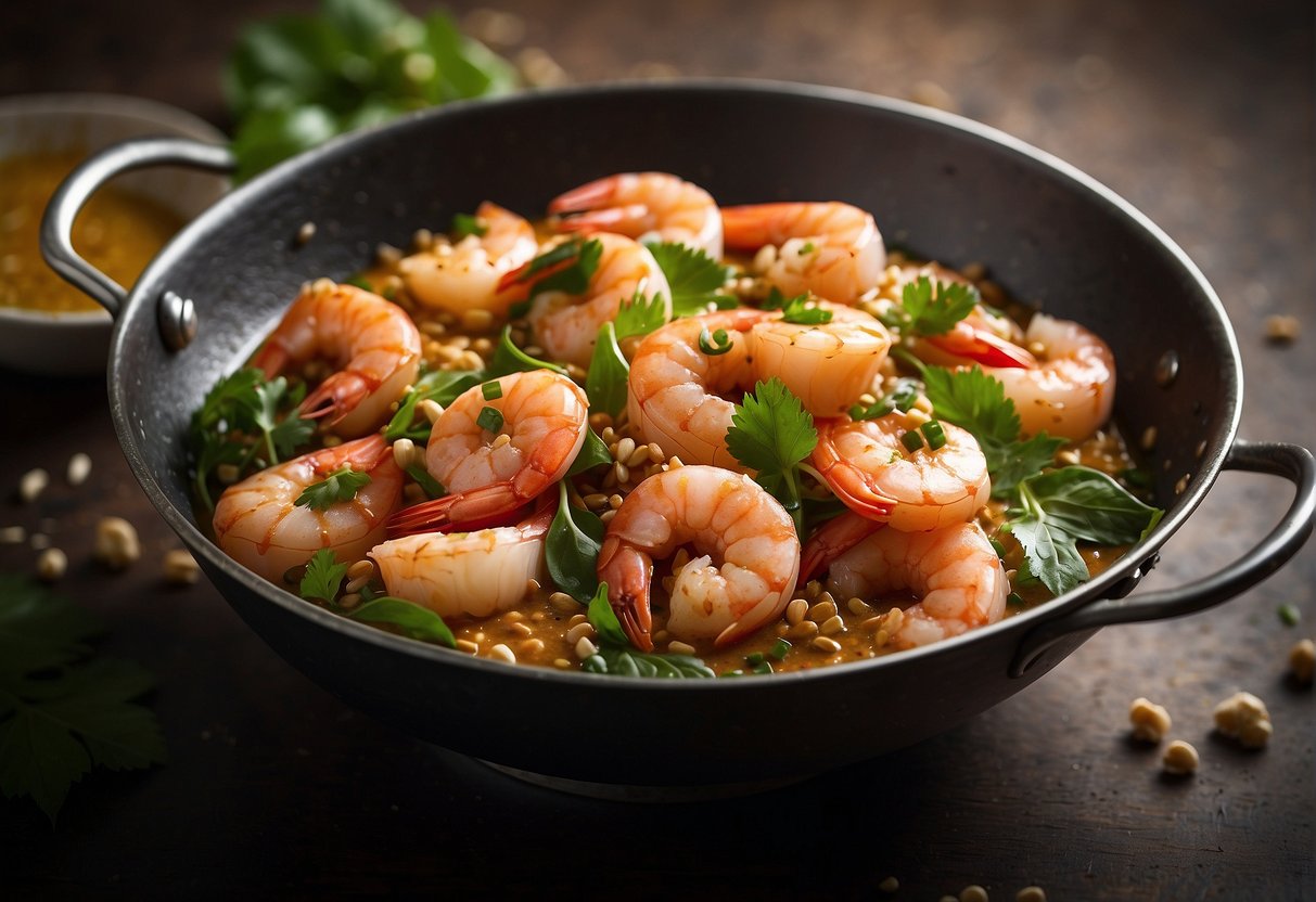 A sizzling wok filled with plump prawns coated in a rich, creamy sauce, garnished with crispy curry leaves and a sprinkle of sesame seeds