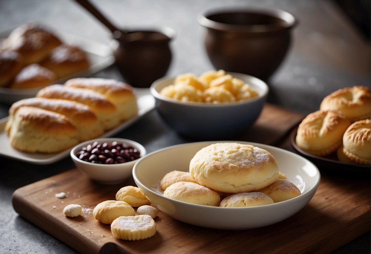 A table set with ingredients: flour, sugar, butter, and red bean paste. A mixing bowl and rolling pin. A pastry cutter and a tray of delicate, butterfly-shaped pastries