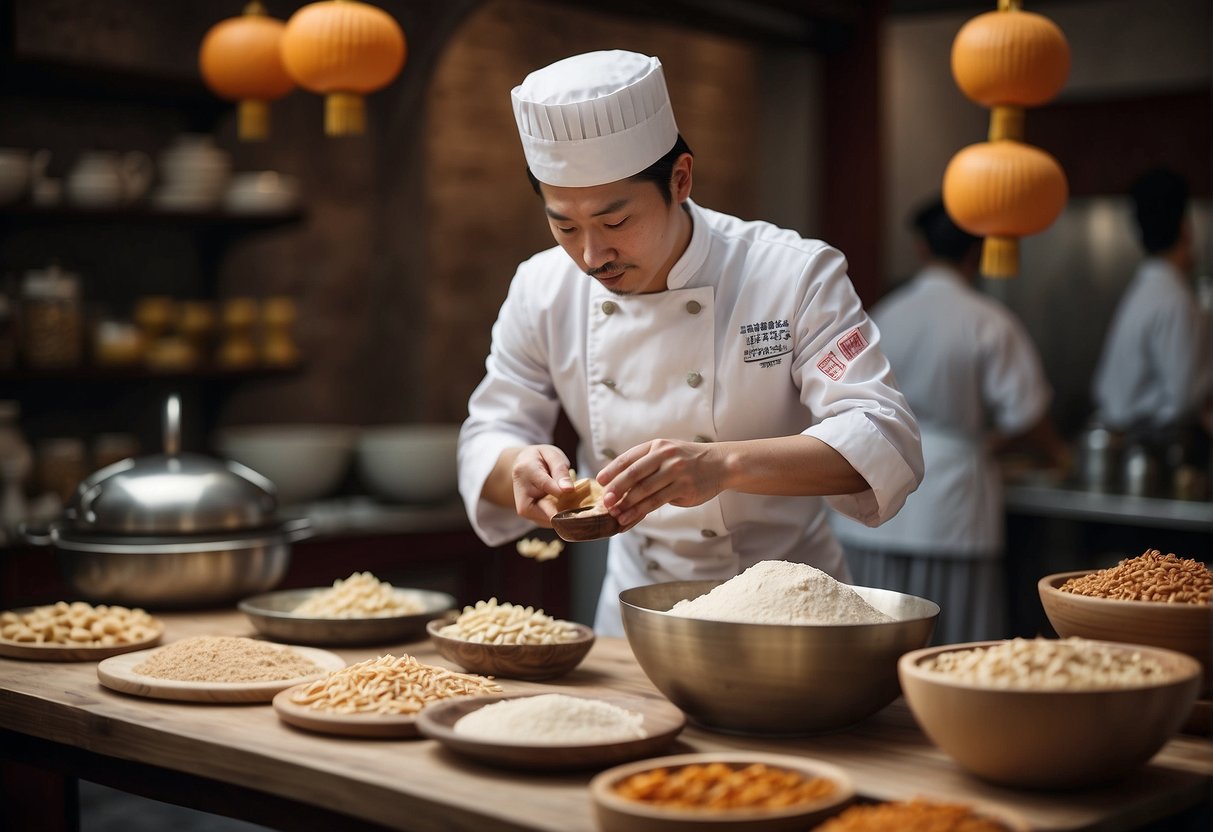A table displays ingredients for Chinese butterfly pastry. A chef mixes dough while a traditional Chinese teapot steeps in the background