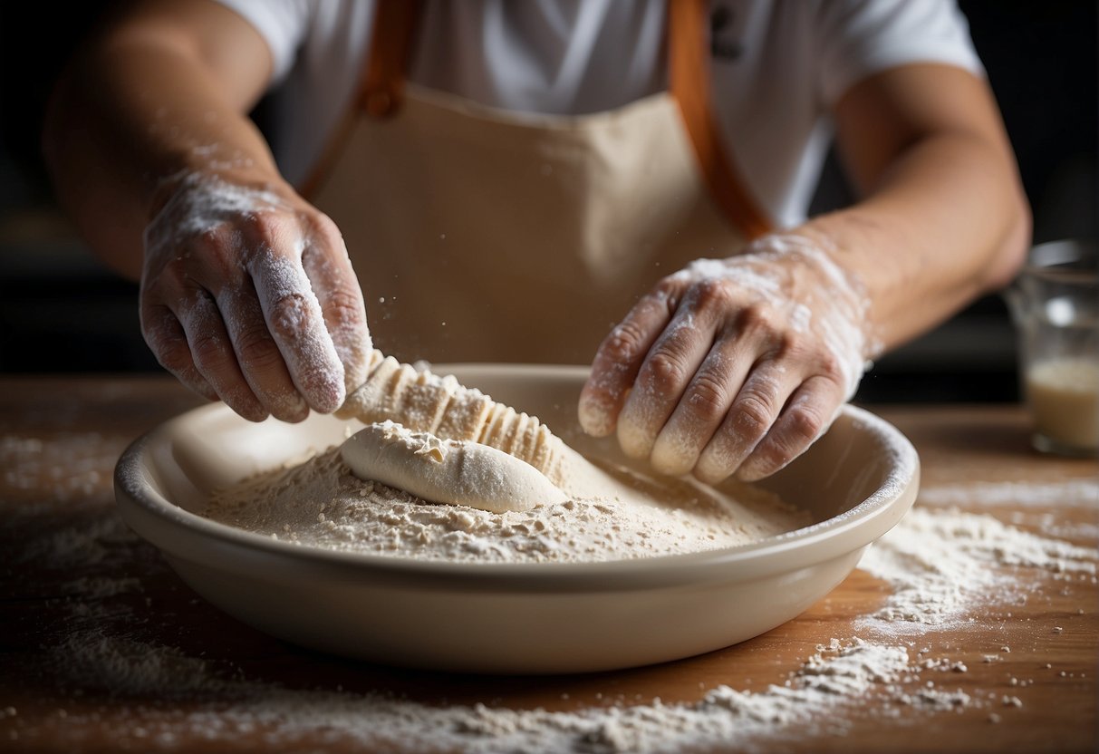 A hand mixing flour, sugar, and water in a bowl. Another hand rolling out the dough into thin sheets. A third hand shaping the pastry into butterfly shapes