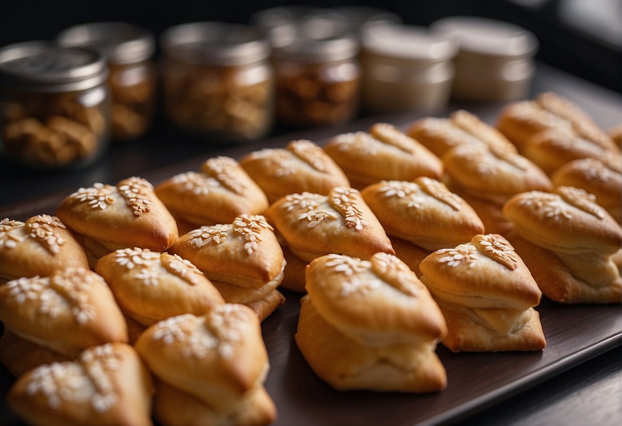 A table displays freshly baked Chinese butterfly pastries next to neatly arranged storage containers