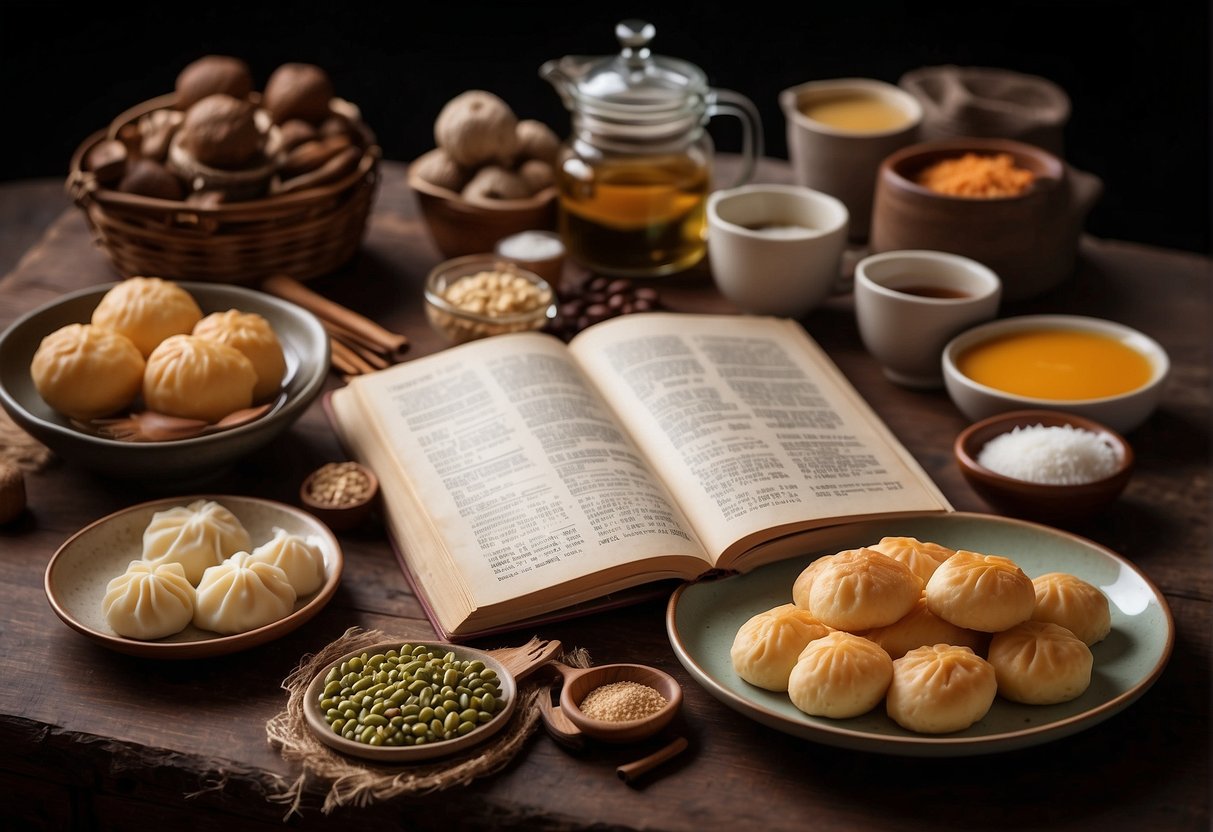 A table with ingredients and utensils for making Chinese butterfly pastries, with a recipe book open to the frequently asked questions section