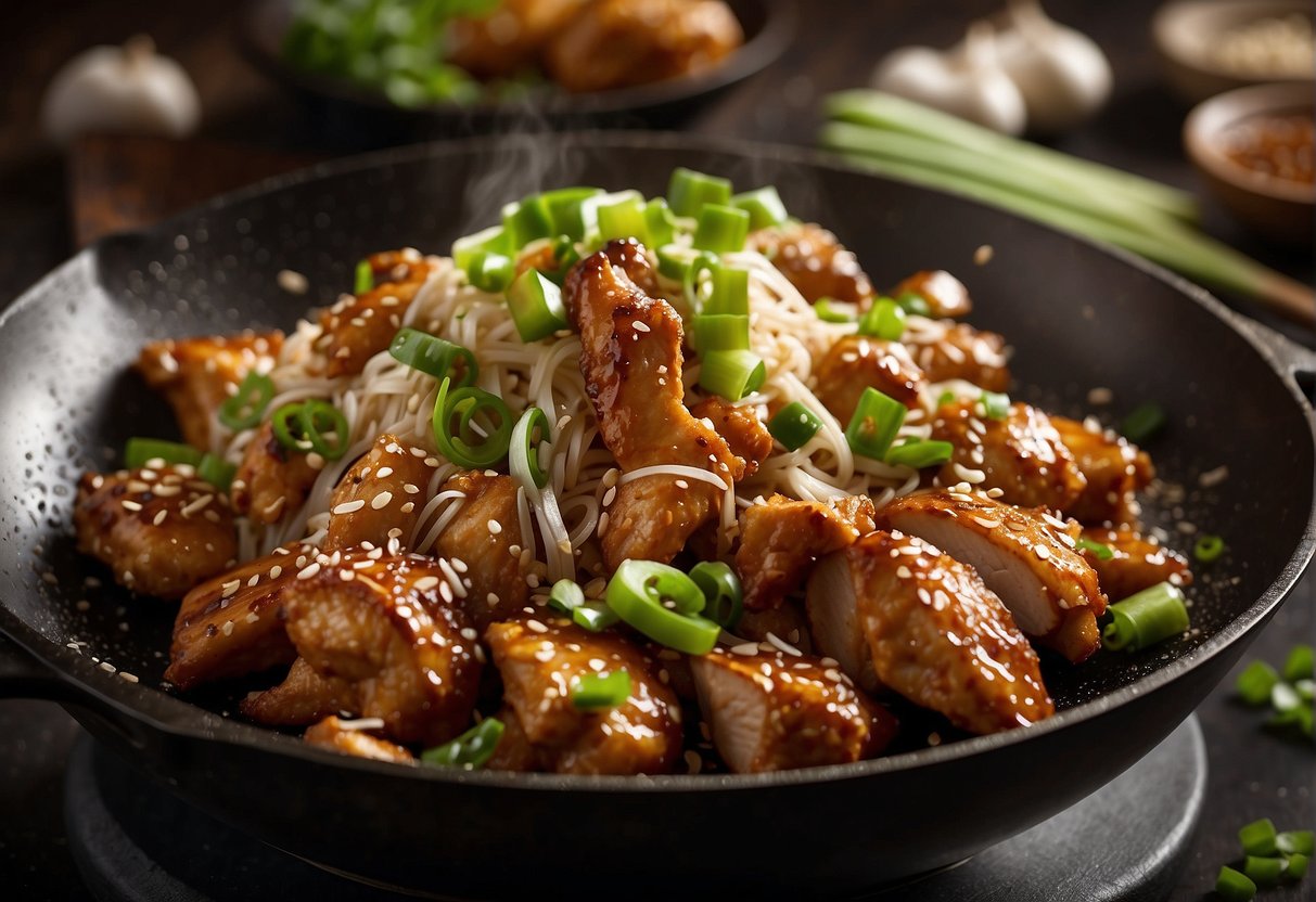 A wok sizzles as buttermilk-marinated chicken is fried with ginger, garlic, and soy sauce. Green onions and sesame seeds garnish the golden-brown chicken pieces